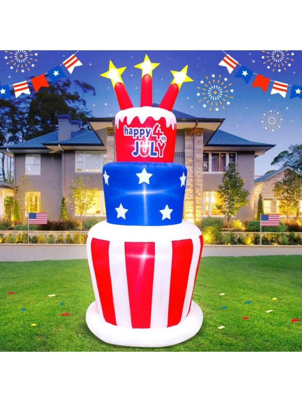 6FT Inflatable Patriotic Cake with LED Lights - 4th of July Outdoor Decor, Yard